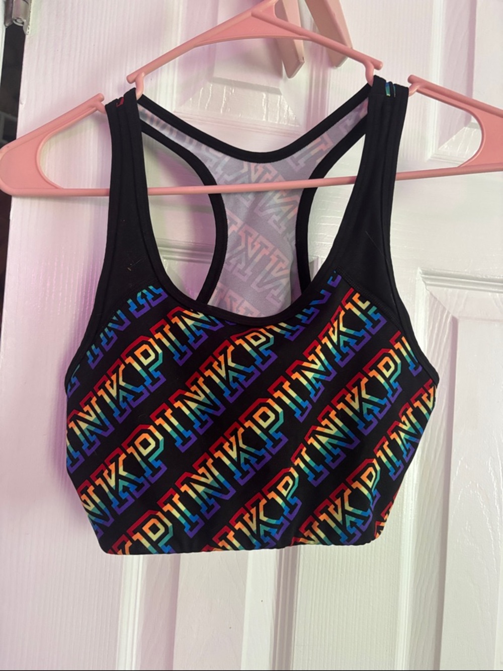 PINK Victoria's Secret Black Racerback Sports Bra with Rainbow Logo